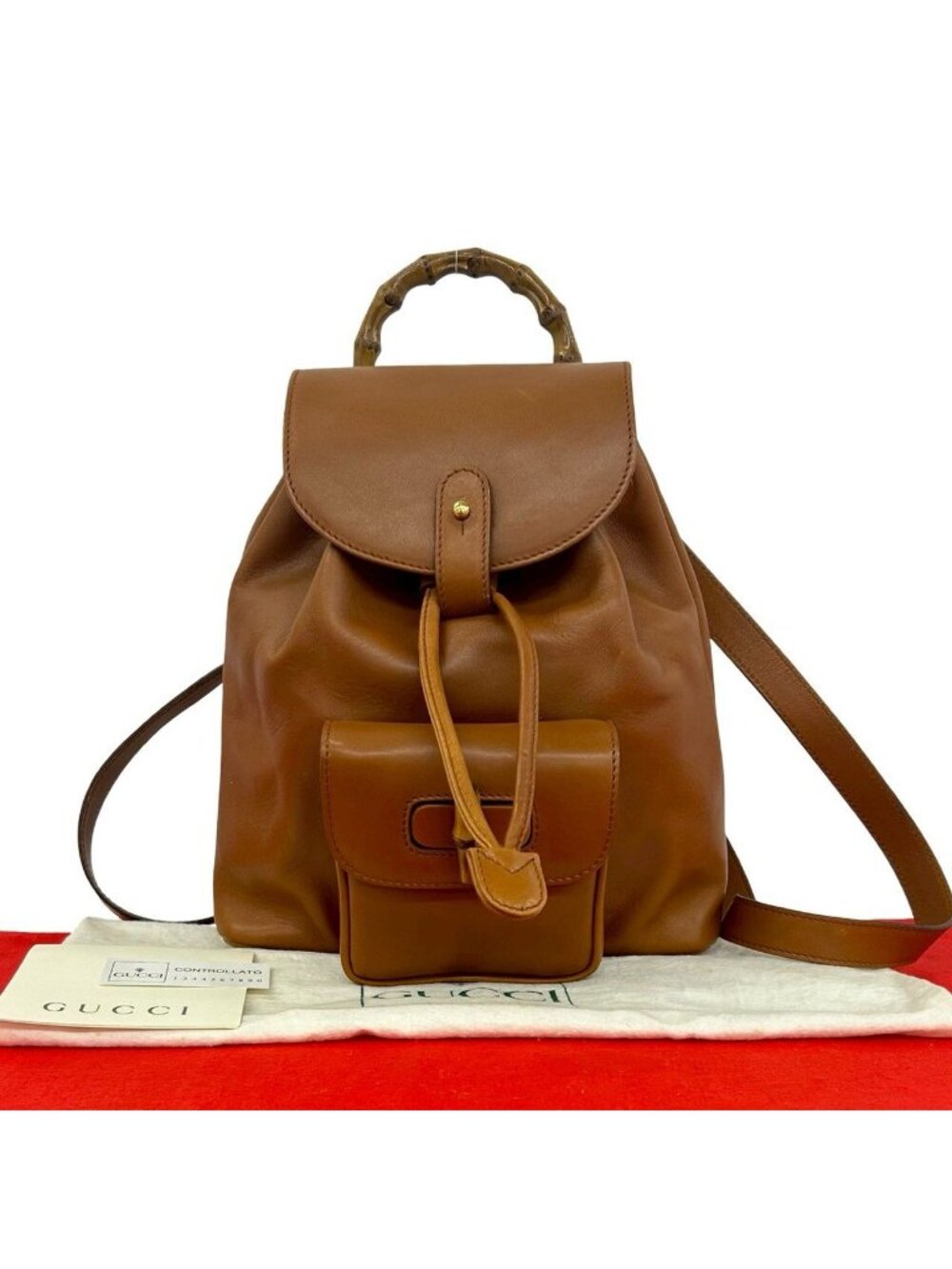 Gucci Vintage Bamboo Leather Drawstring Mini Backpack Brown